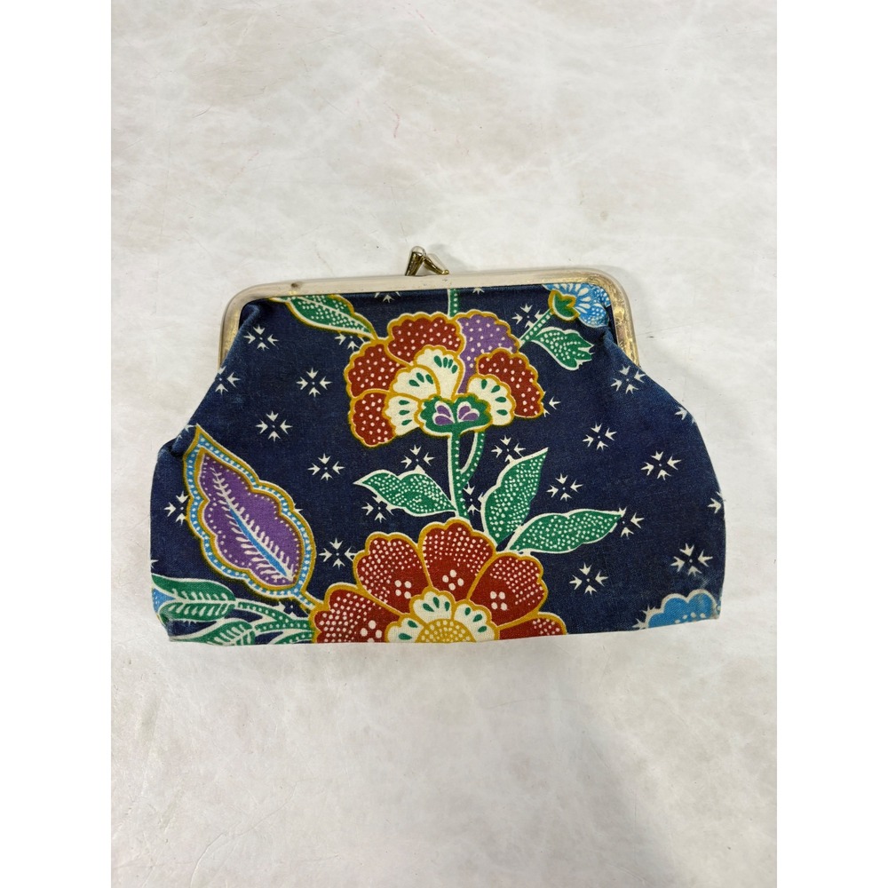 Vintage Batik Floral Coin Purse Kiss Lock Navy Blue Red Yellow Small Pouch